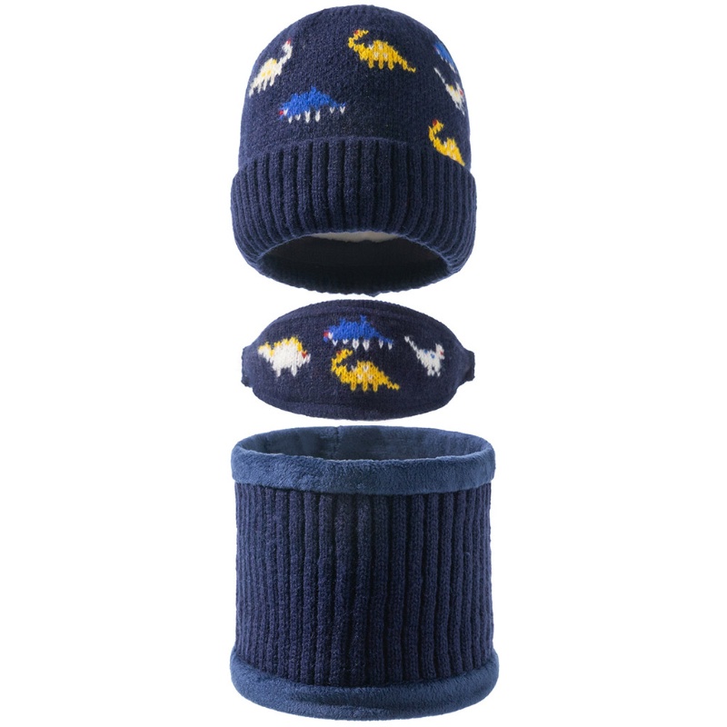 Set 3 Món Mũ beanie + Khăn Choàng Cổ + Khăn Choàng Cổ Giữ Ấm Mùa Đông Hình Khủng Long Cho Bé