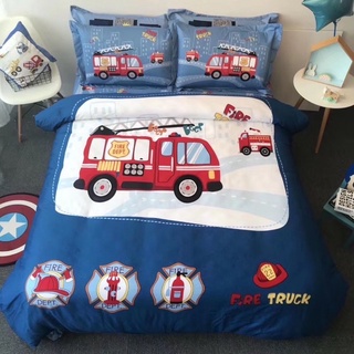 Bộ Chăn Ga Gối Cotton Lụa Hoạt Hình Xe Cứu Hoả