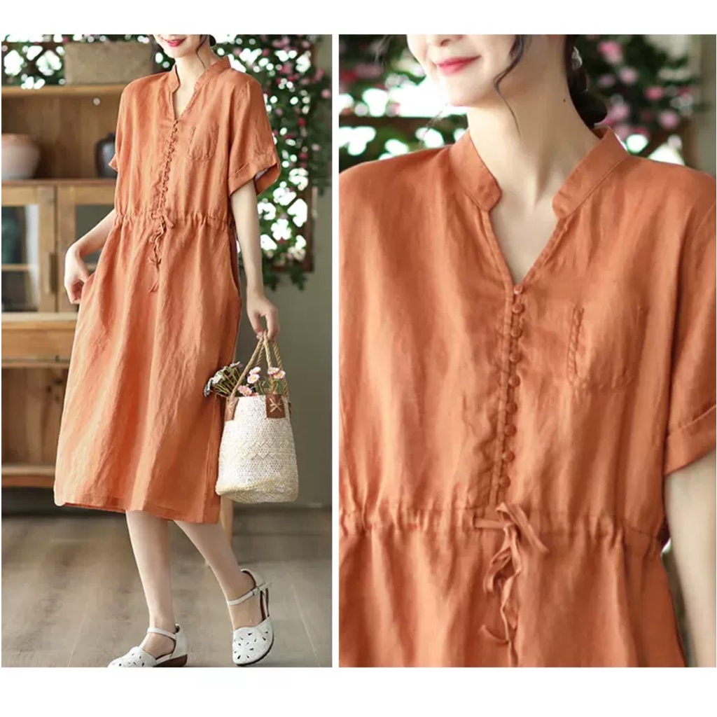 Đầm suông Linen hè nữ ngắn tay, cổ V phối cúc kèm dây thắt eo, chất liệu linen mềm mát Da171