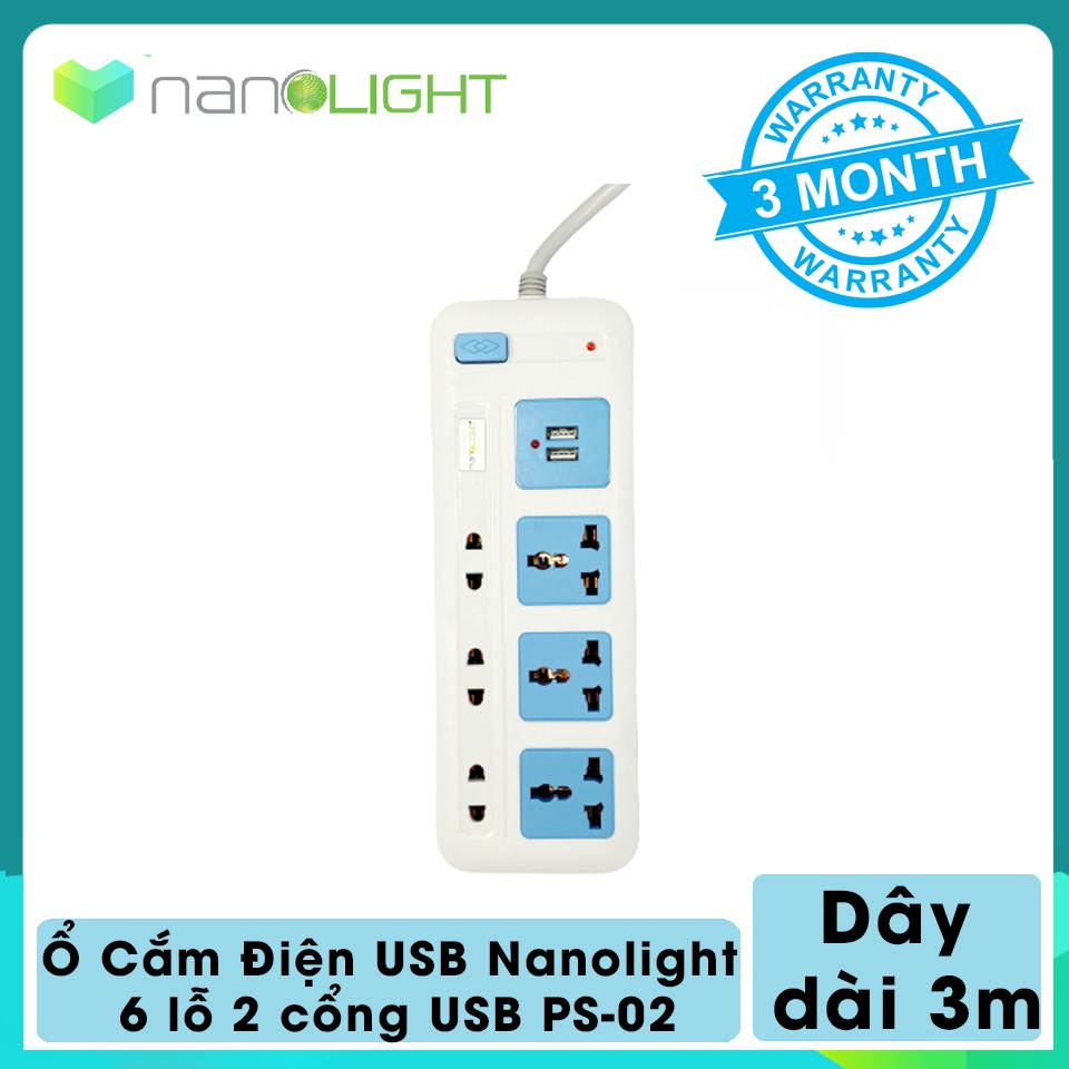 Ổ Cắm Điện USB Nanolight 6 lỗ cắm và 2 cổng USB PS-02