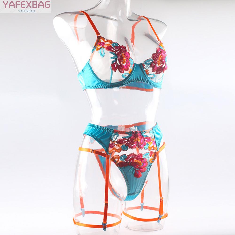 Lady Sexy Lingerie Bra G-String Suit Embroidered Floral Print Lace Pajamas