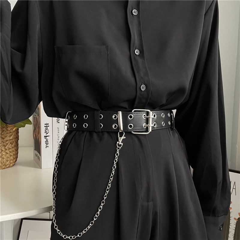 Thắt Lưng Hai Hàng Lỗ Phối Dây Xích Phong Cách Hiphop Đường Phố Trẻ Trung Cho Nam