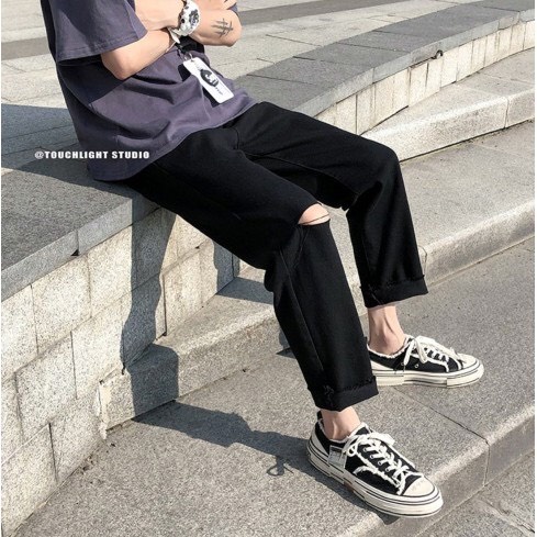 Quần Jean Baggy Nam Nữ Rách Gối Ống Rộng Đen Trơn Không Phai Màu Vải Co Giãn - B05