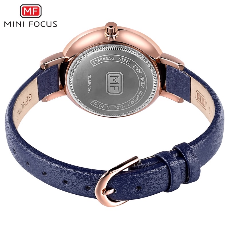 Đồng hồ nữ MINI FOCUS MF0159L.01 dây da thật màu xanh viền thép không gỉ màu vàng 3 kim hàng chính hãng cao cấp Nhật Bản