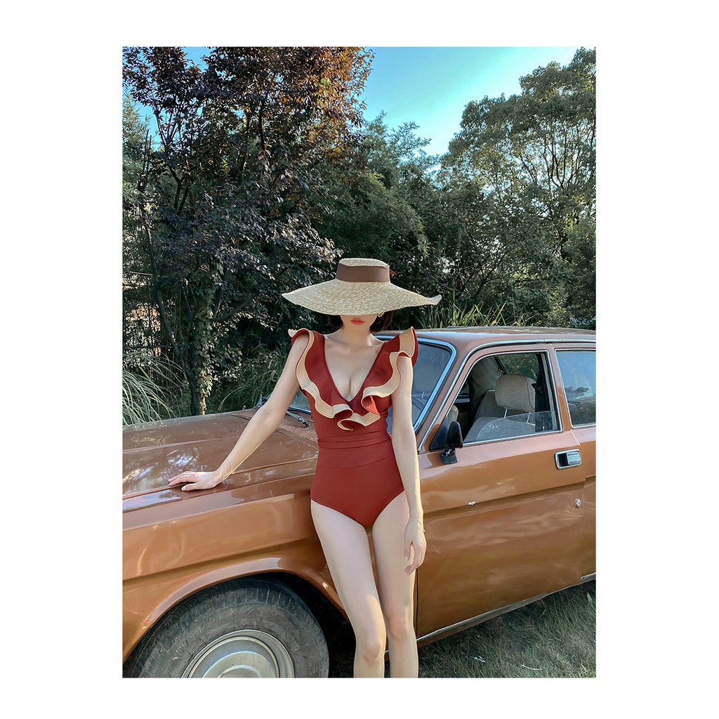 Đồ bơi nữ Bikini một mảnh SW1M038 mới sexy , cổ chữ V kiểu bèo lá sen nhấp nháy, eo cao che bụng màu đỏ rượu vang tôn da | BigBuy360 - bigbuy360.vn