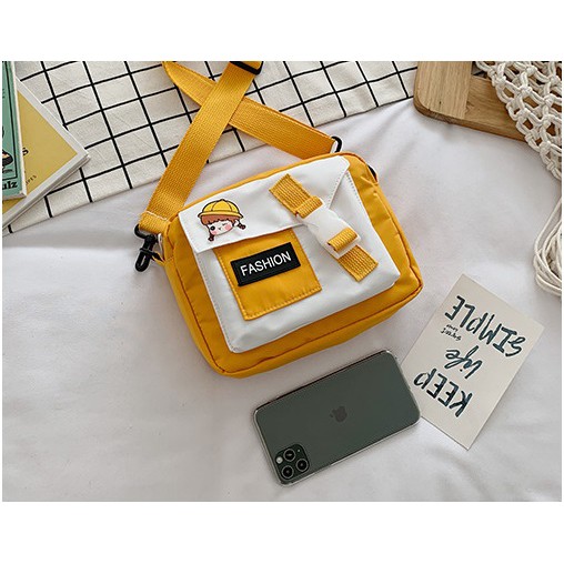 Túi vải canvas đeo chéo hoạ tiết màu Đen/ Tím/ Xanh/ Vàng