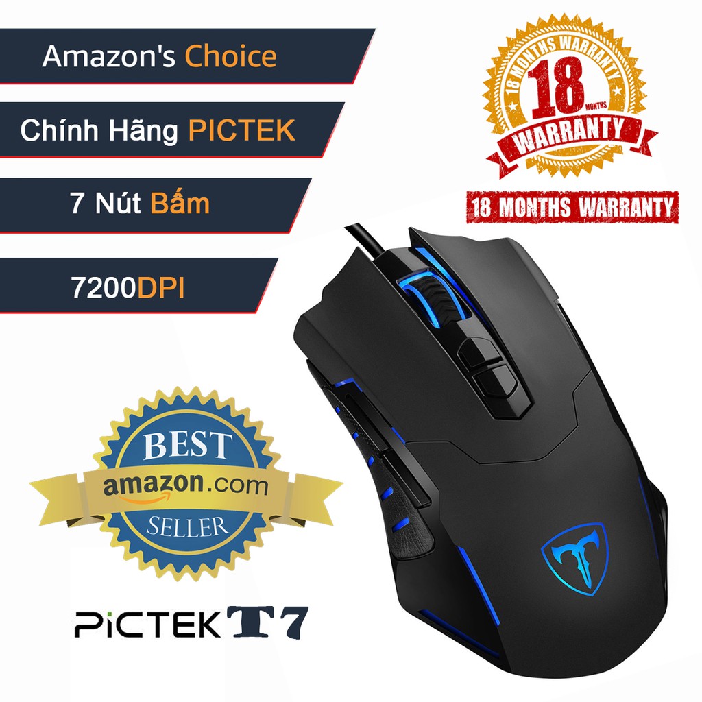 Chuột chơi game USB PICTEK T7 có dây 7200 DPI 7 nút cho PC Laptop - Hãng Phân Phối chính thức