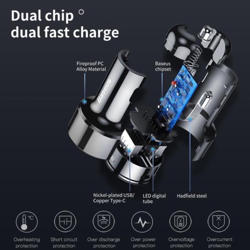 ✅TẨU SẠC XE HƠI BASEUS 45W MAX 6A UPGRADED 2 Cổng USB (Dual USB Quick charging car charge -HÀNG CHÍNH HÃNG