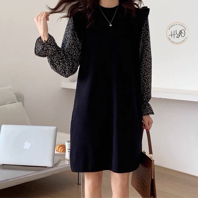 Váy len suông dáng dài tay voan bồng Len dệt kim cao cấp Quảng Châu