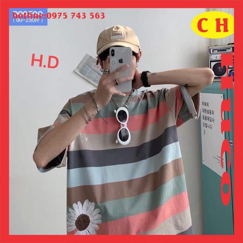 Áo Phông 👉Áo Thun Kẻ Ngang Hoa Cúc 👉Tay lỡ-dáng rộng-chất liệu cotton thoáng mát-cực ngầu hàng hottrend Mã ADO02