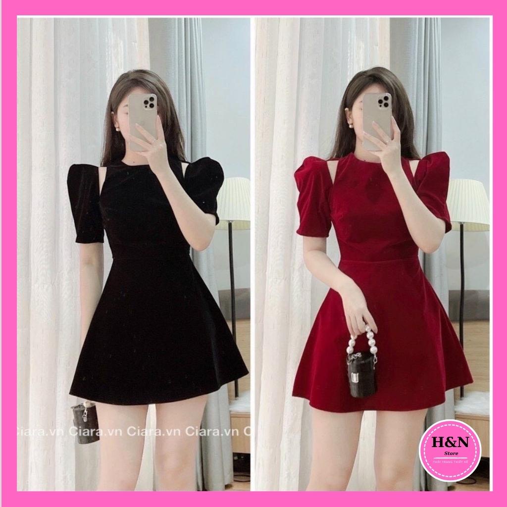 Váy nữ thiết kế xòe chữ A xòe Đầm nhung đỏ - đen trẻ trung sang trọng HN CLOTHING V38