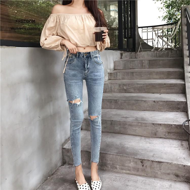 FREEDOM Quần Jeans Rách Gối Lưng Cao Cổ Giãn Phong Cách Retro