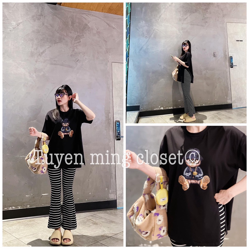 Quần legging ôm ống loe cạp cao dáng dài sọc kẻ Tanii Clothing