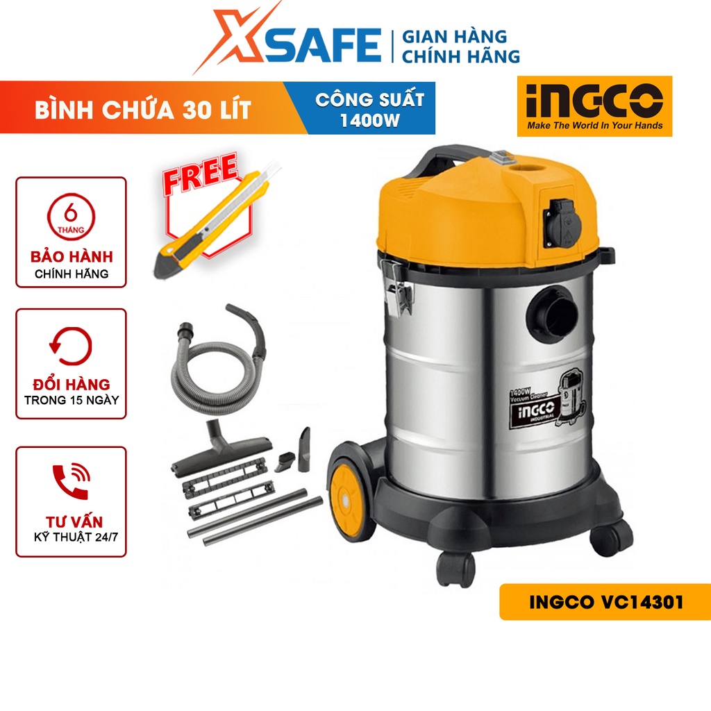 Máy hút bụi nước INGCO VC14301 - Công suất 1400W, dung tích thùng chứa (inox) 30 lít, chức năng hút khô và hút ướt