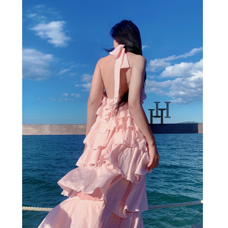 Đầm maxi HDC98 bèo tầng màu hồng, váy suông đi biển Hỉn Hỉn Store