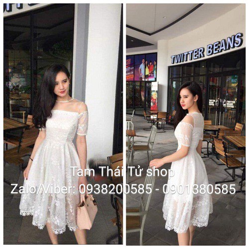 ĐẦM REN PHỐI LƯỚI VAI TAY CON