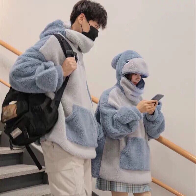 Áo Ngủ Hoodie Bông Hình Cá Mập Khoá Kéo Che Mặt