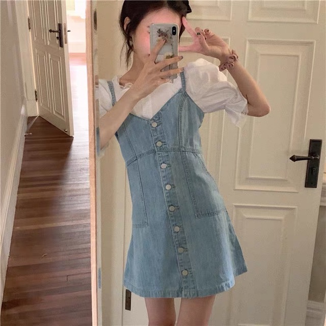 Set yếm váy bò denim 2 dây cúp ngực cúc trước kèm áo kiểu tay bồng ulzzang hàn quốc