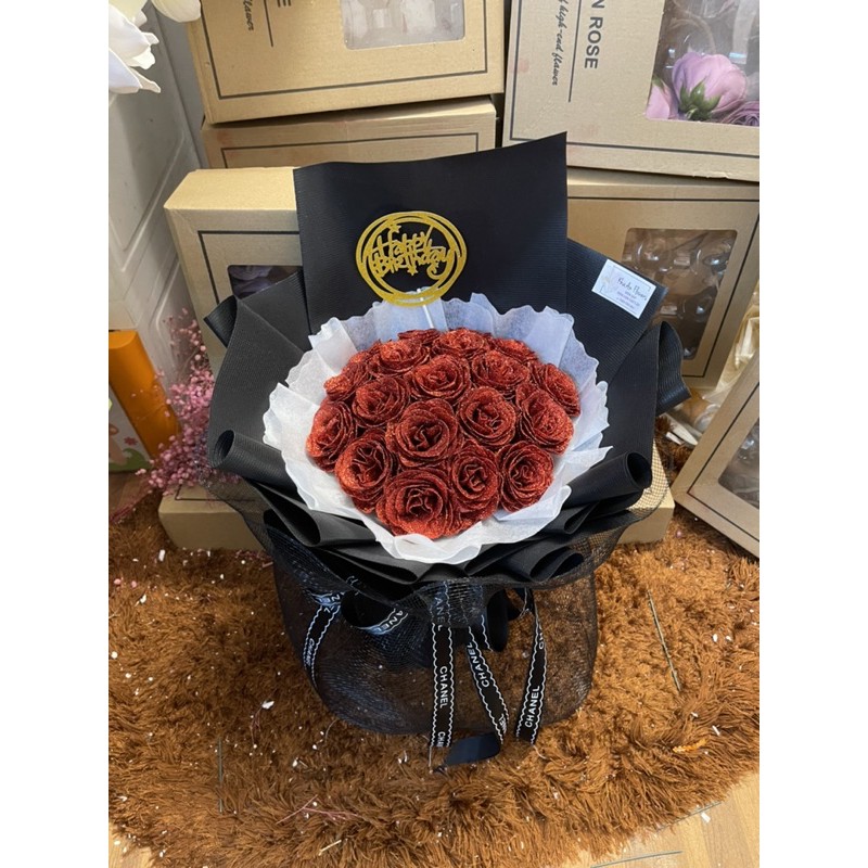 [Hoa sinh nhật - Nowship] Bó hoa nhũ 20bông gói giấy Xốp Hàn cực xinh! Tặng kèm thiệp xinh xắn. Ảnh độc quyền nhà Khả An