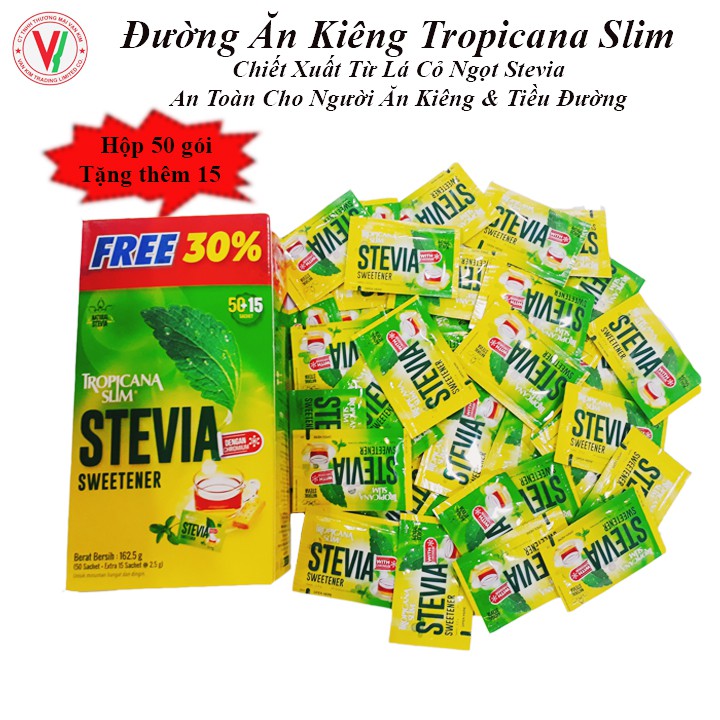 Hộp 65 Gói Đường Ăn Kiêng Lá Cỏ Ngọt Stevia Tropicana Slim, Dành Cho Người Ăn Kiêng/ Keto/ DAS/Tiểu Đường/Giảm Cân