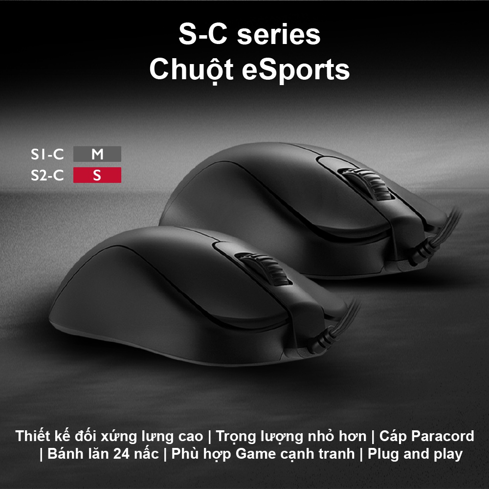 Chuột gaming Esports BenQ ZOWIE S2-C (S) cảm biến 3360 với cáp Paracord, bánh lăn 24 nấc