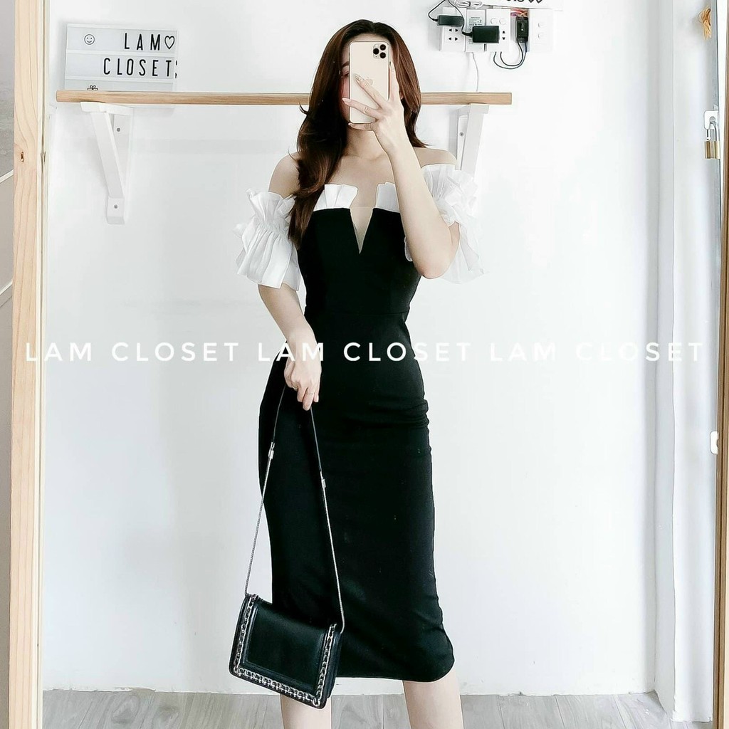 Đầm body trễ vai tay phối bèo xinh xắn