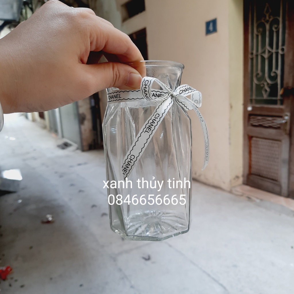 Lọ hoa thủy tinh đa giác, lọ nhỏ 15cm, màu trắng trong - phong cách vintage