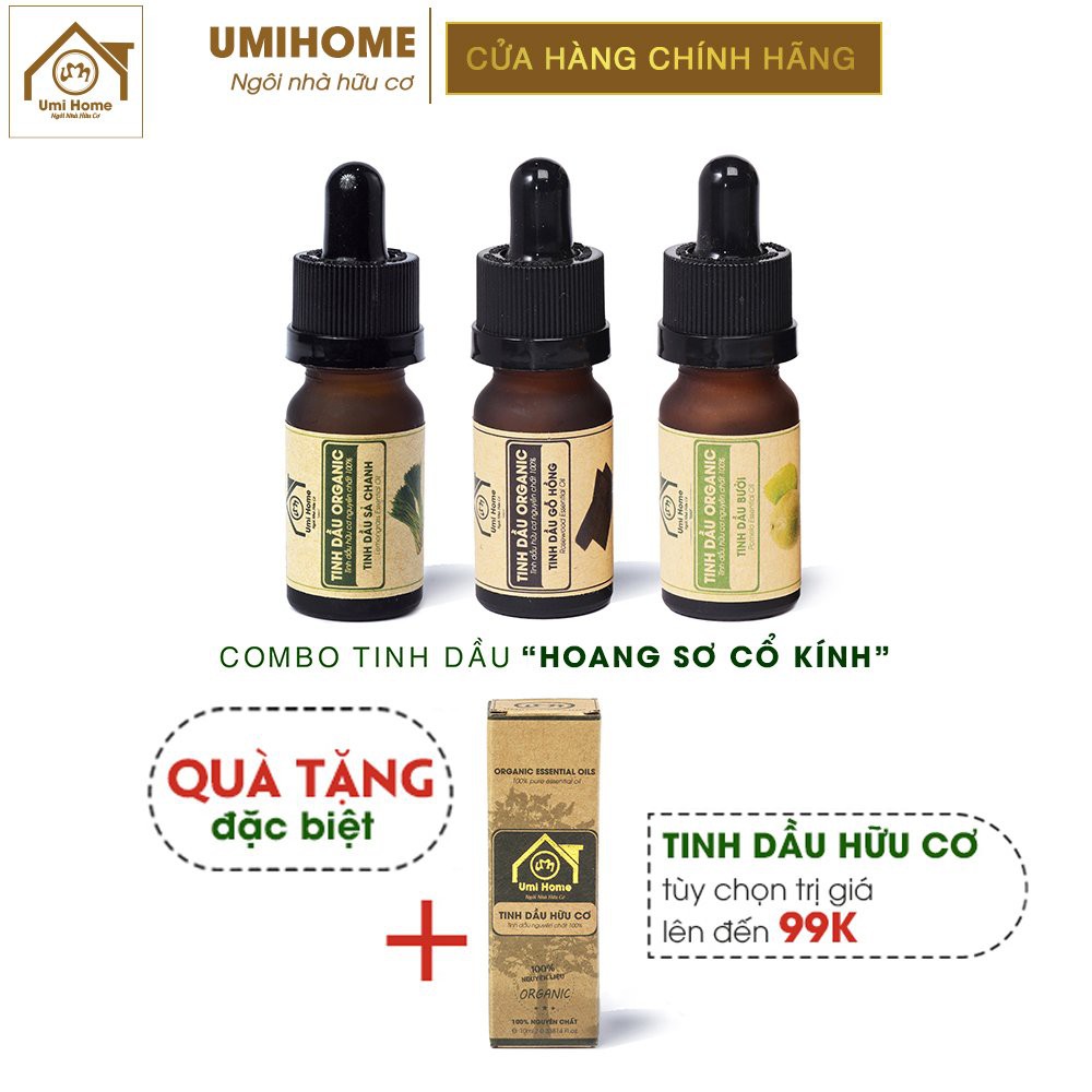 Combo 3 loại Tinh Dầu UMIHOME gồm Sả Chanh, Gỗ Hồng, Bưởi (10mlx3) hữu cơ nguyên chất