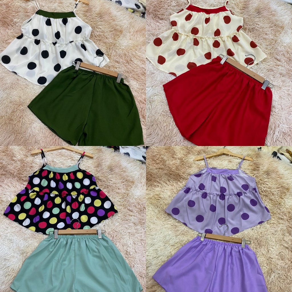 đồ ngủ 2 dây kềm quần màu vải lụa siêu mát hạ tiết chấm bi màu freesize dưới 57kg
