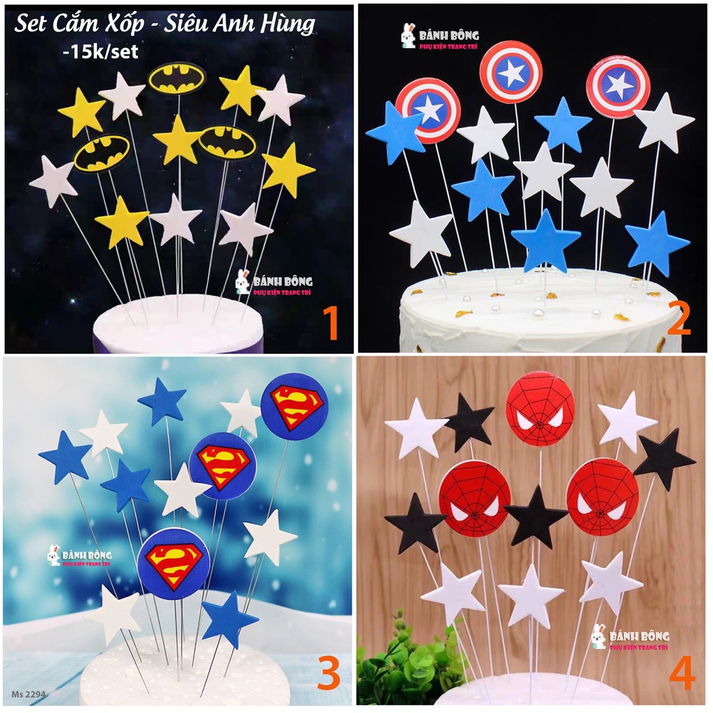 Set cắm Xốp Siêu Nhân Người Nhện BatMan Captain Mẫu Hoạt Hình Trăng Sao Mây trang trí Bánh Phụ kiện Sinh Nhật