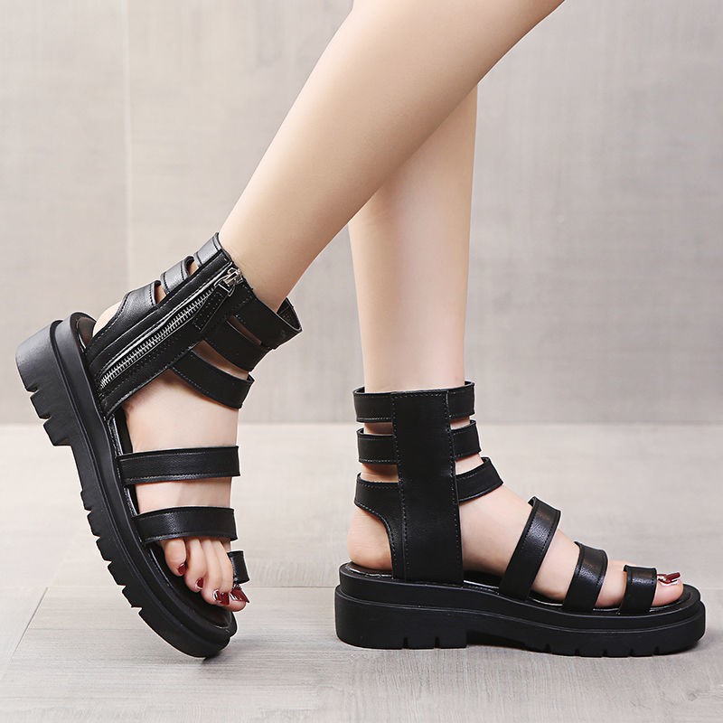 Sandals 2021 nữ mới bánh xốp mùa hè đế dày cao trên đầu dây kéo phía sau rỗng La mã giày đi biển bình thường