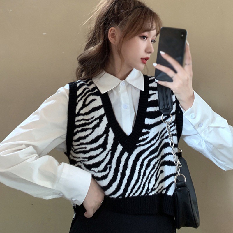 Áo Khoác Ghi Lê Chất Len Họa Tiết Ngựa Vằn Dễ Thương Xinh Xắn