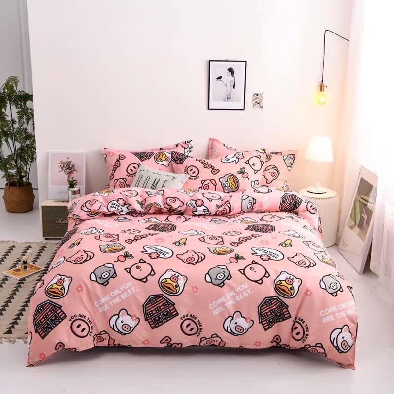 Bộ Chăn Ga Gối Cotton Poly Lợn Hoạt Hình