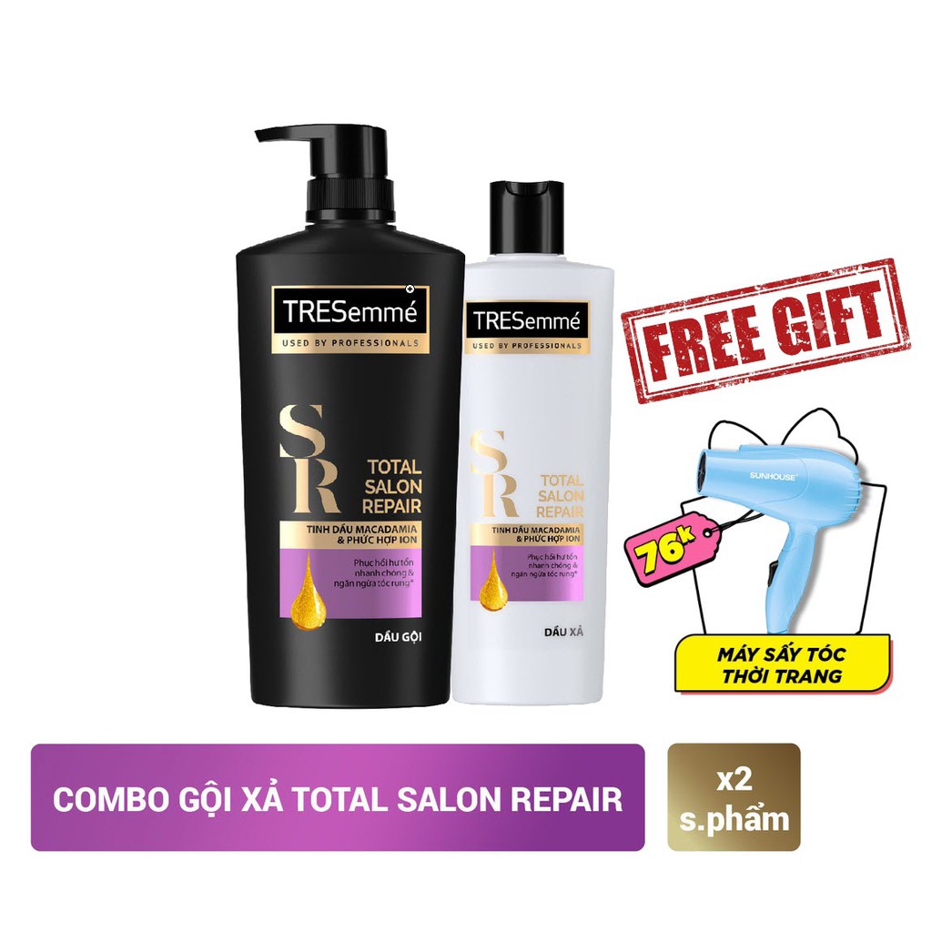 🎁Combo Dầu gội - Dầu xả TRESEMME Total Salon Repair 650g/340g - Tặng máy sấy tóc