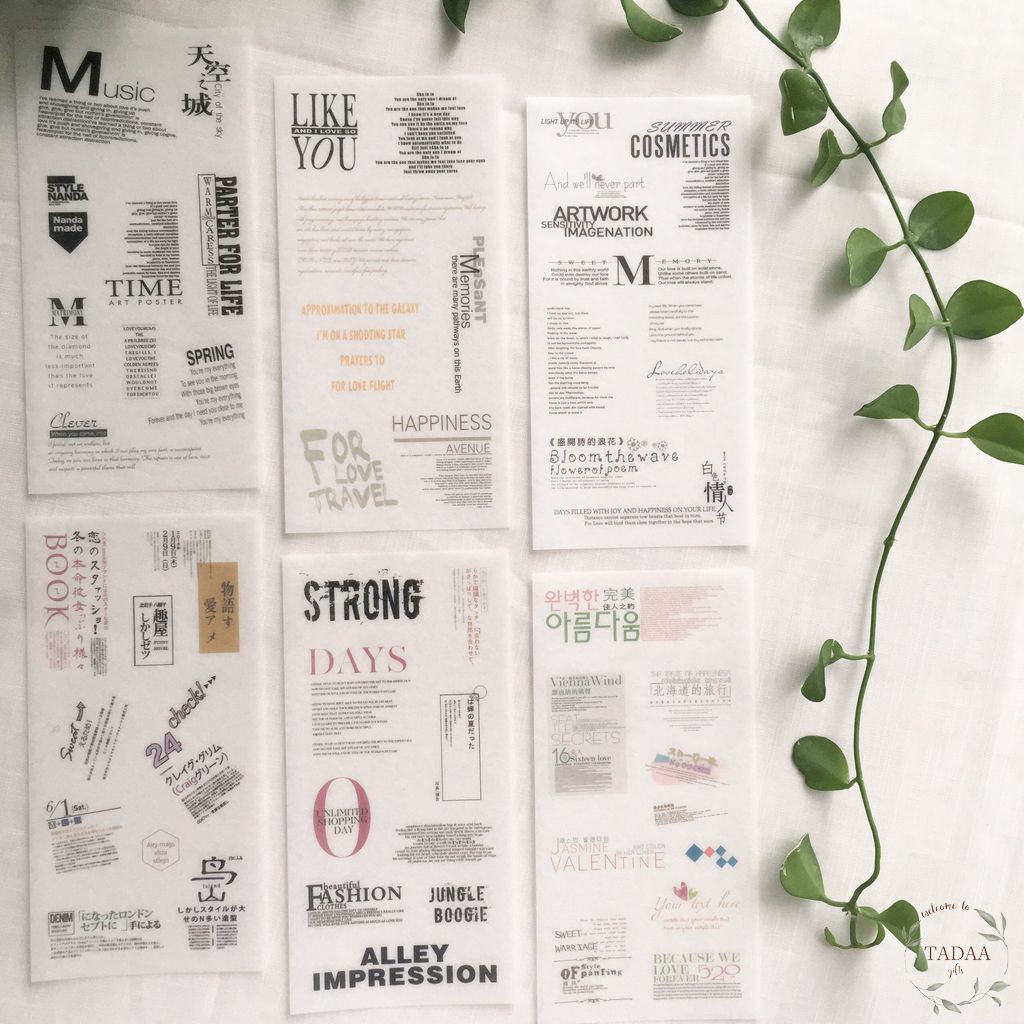 Set 6 sticker hoa lá vintage, món ăn, tiệc trà, chữ retro trang trí bullet journal