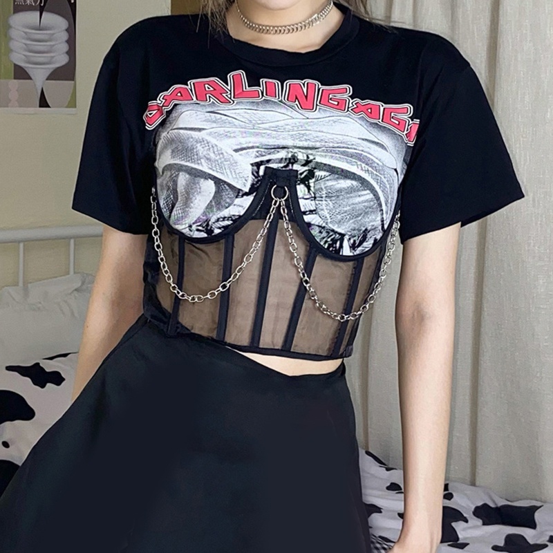 Áo Croptop Lưới Tay Ngắn Giả 2 Lớp In Chữ Quyến Rũ Thời Trang Cho Nữ