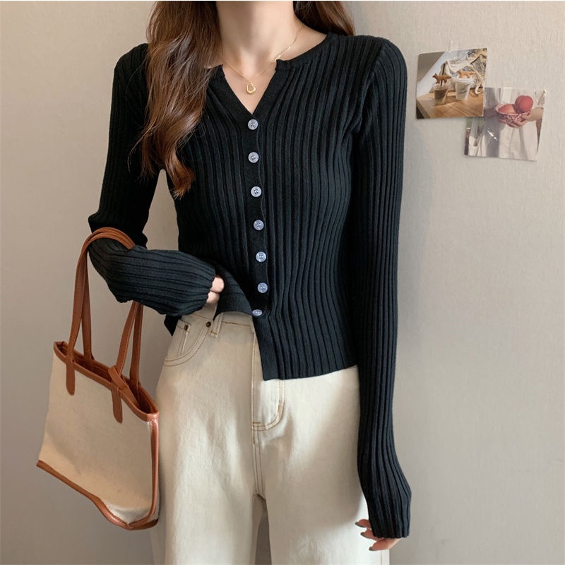 Áo khoác cardigan dệt kim cổ chữ V phong cách Hàn Quốc