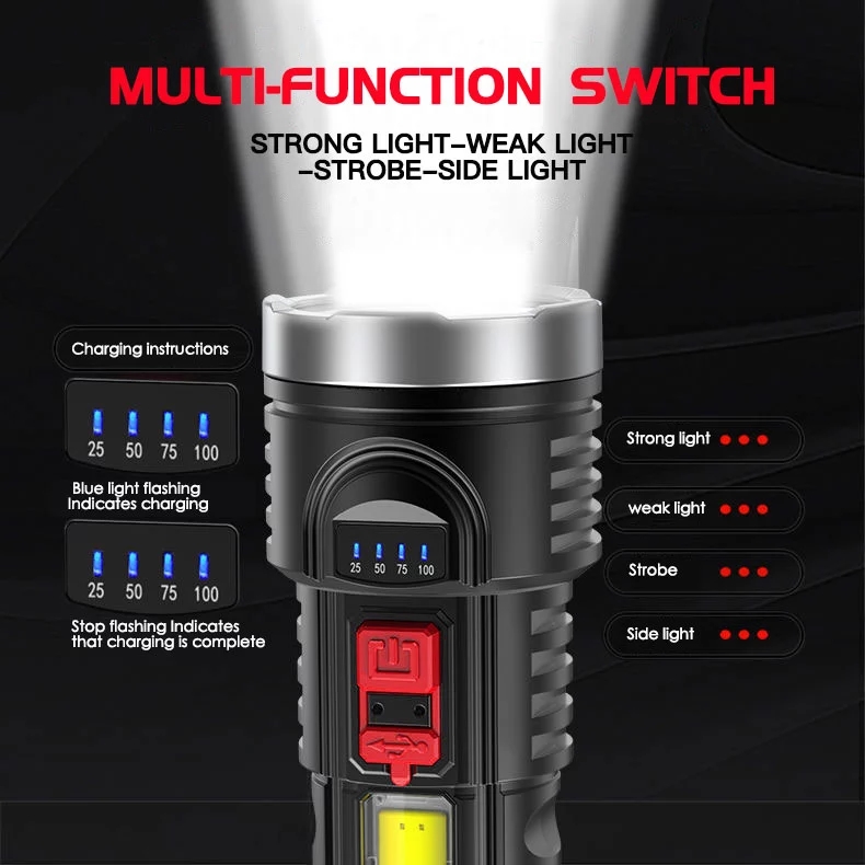 Đèn pin led xenon cob có pin sạc usb chống nước có đèn bên ánh sáng mạnh