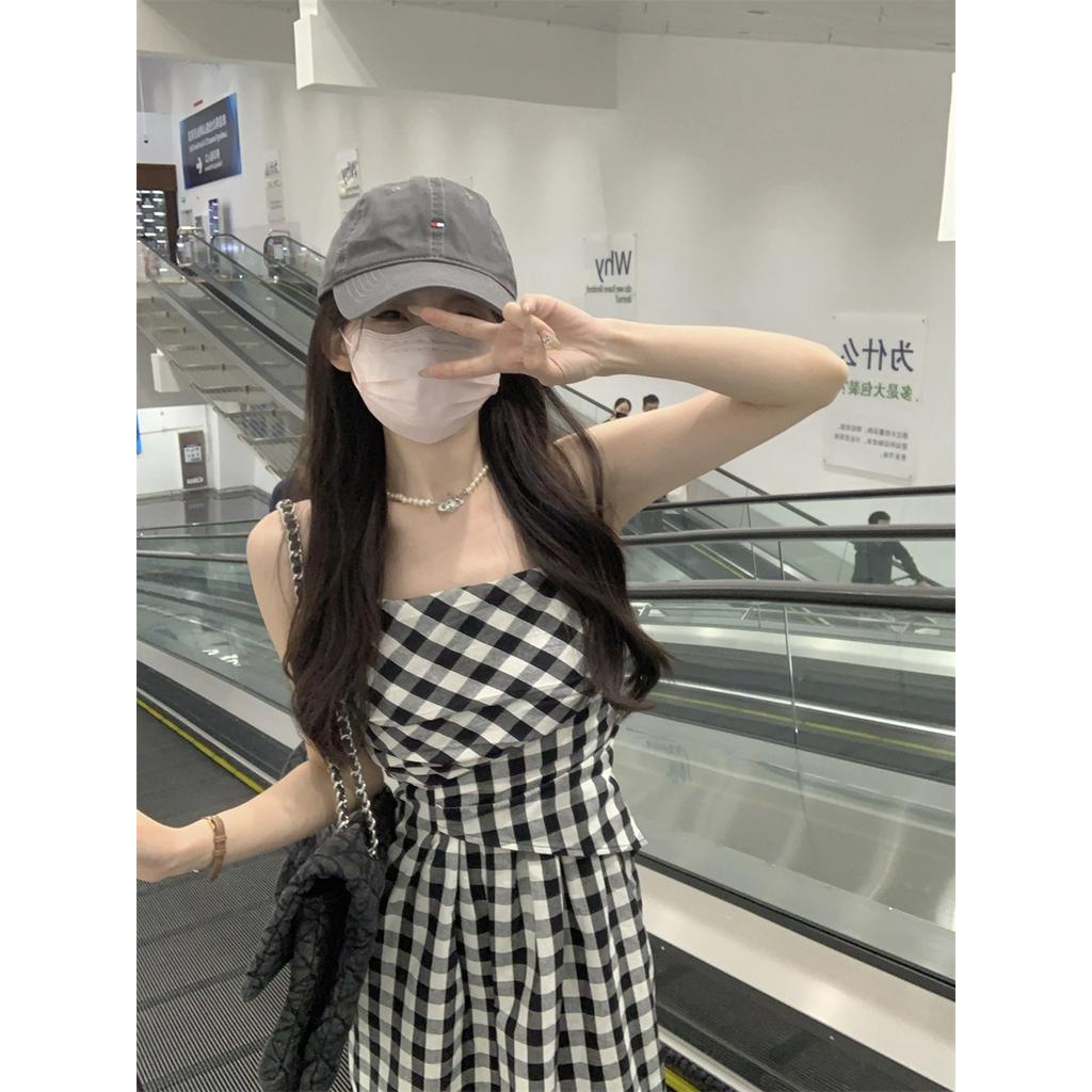 62917 Phong Cách Mới Đầm Hai Dây Kẻ Caro