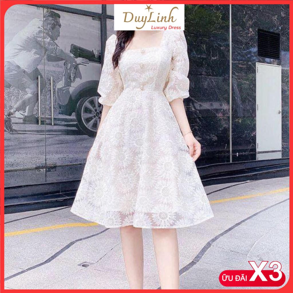 Đầm ren trắng cổ vuông hoa cúc siêu xinh Doris Dress