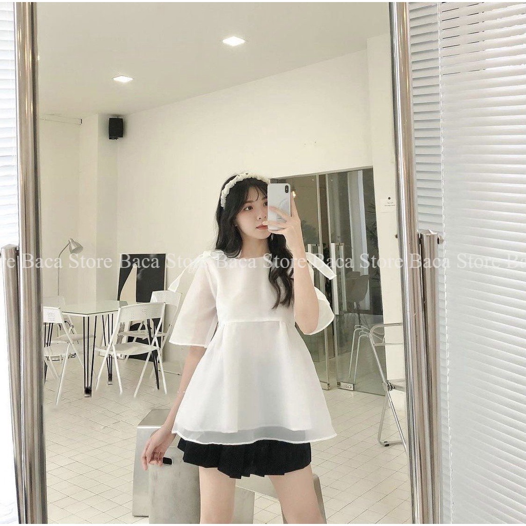 Áo babydoll trắng thắt nơ dáng xòe bánh bèo tiểu thư Ulzang hàng cao cấp, chất liệu vải tơ sống oraganza