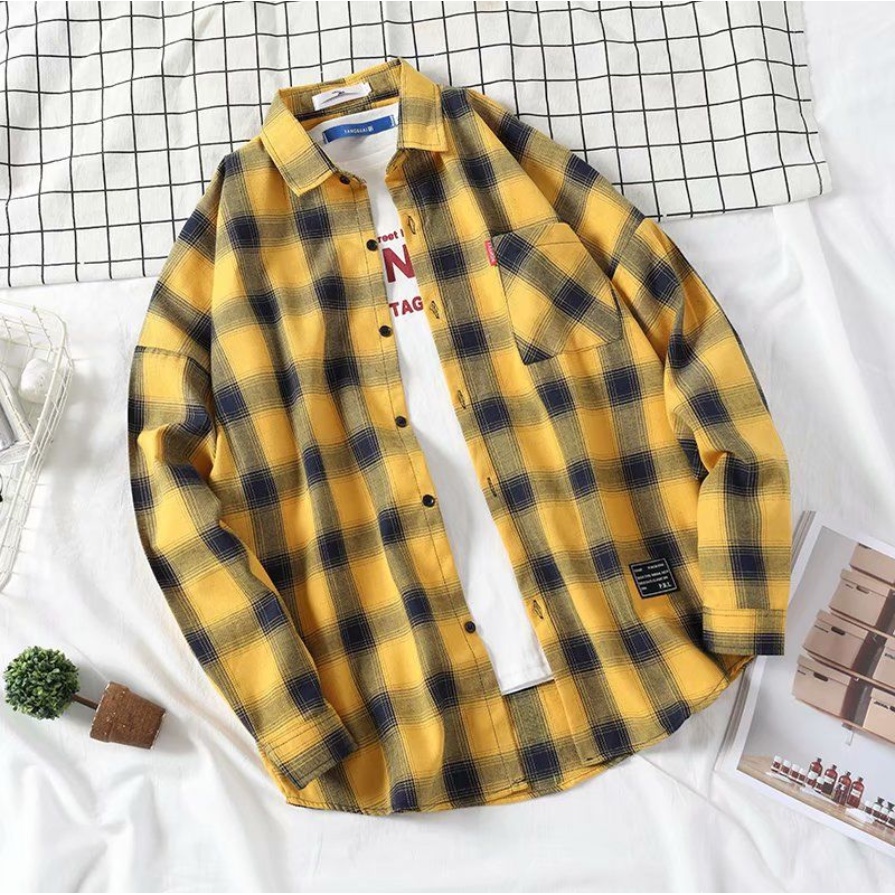 Áo Khoác Sơ Mi Caro Tay Dài Dáng Rộng Trẻ Trung Phong Cách Hàn Quốc Cho Nam