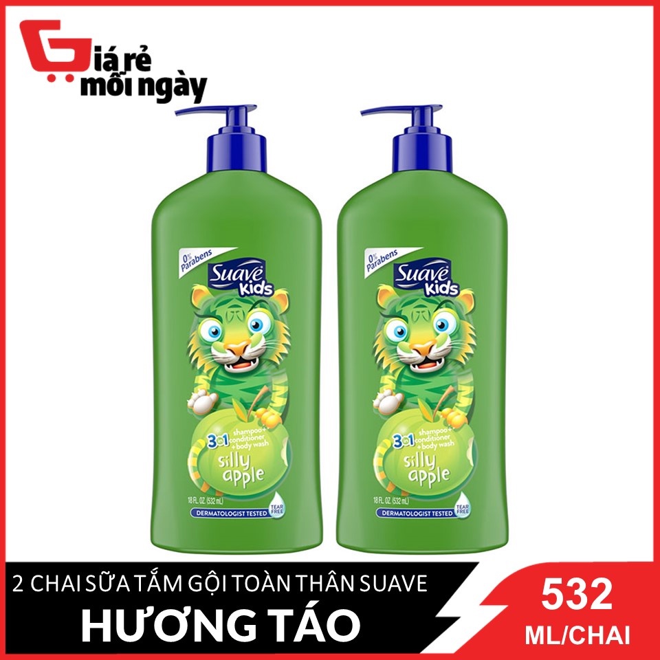 [Made in USA] Combo 2 Chai Sữa Tắm Gội Toàn Thân Cho Bé 3in1 Suave Kids Hương Táo (Con Hổ) 532ml/Chaix2