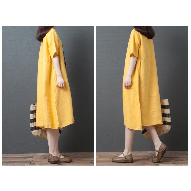Đầm linen suông cổ tròn đai rời trẻ trung, thời trang trẻ, phong cách hàn