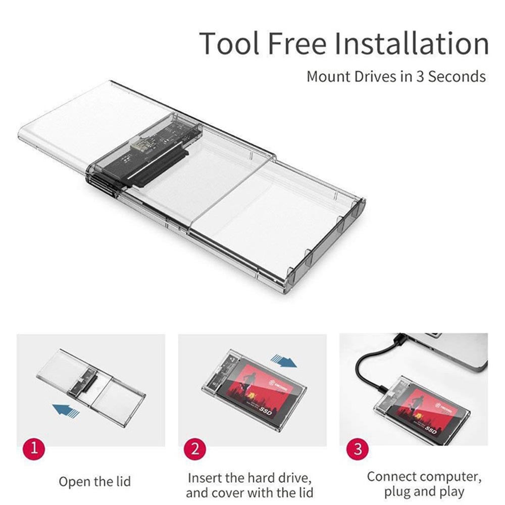 Hộp Đựng Ổ Cứng Ssd 2.5 Inch Sata Usb 3.0 Trong Suốt Thiết Kế Nắp Trượt Tiện Dụng