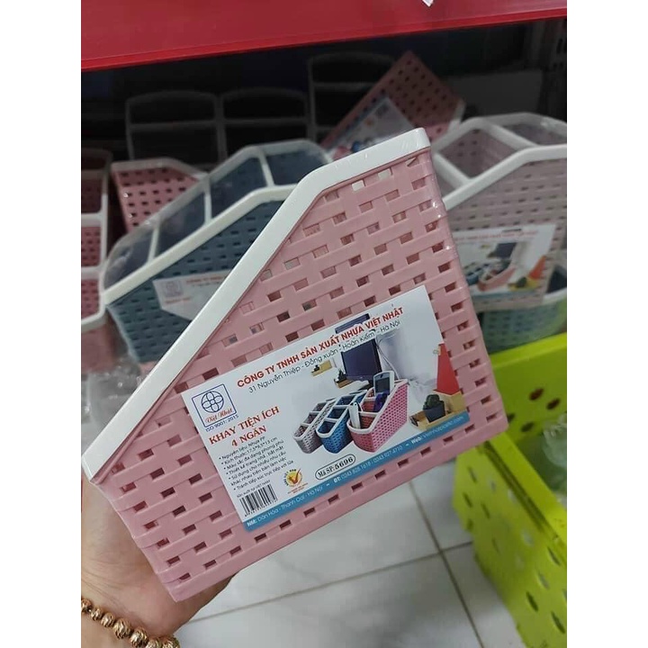( 2 Size ) Khay nhựa Đựng Đồ Chữ Nhật Đa Năng 4 Ngăn Việt Nhật - Khay đựng mỹ phẩm bút, tài liệu chia ngăn