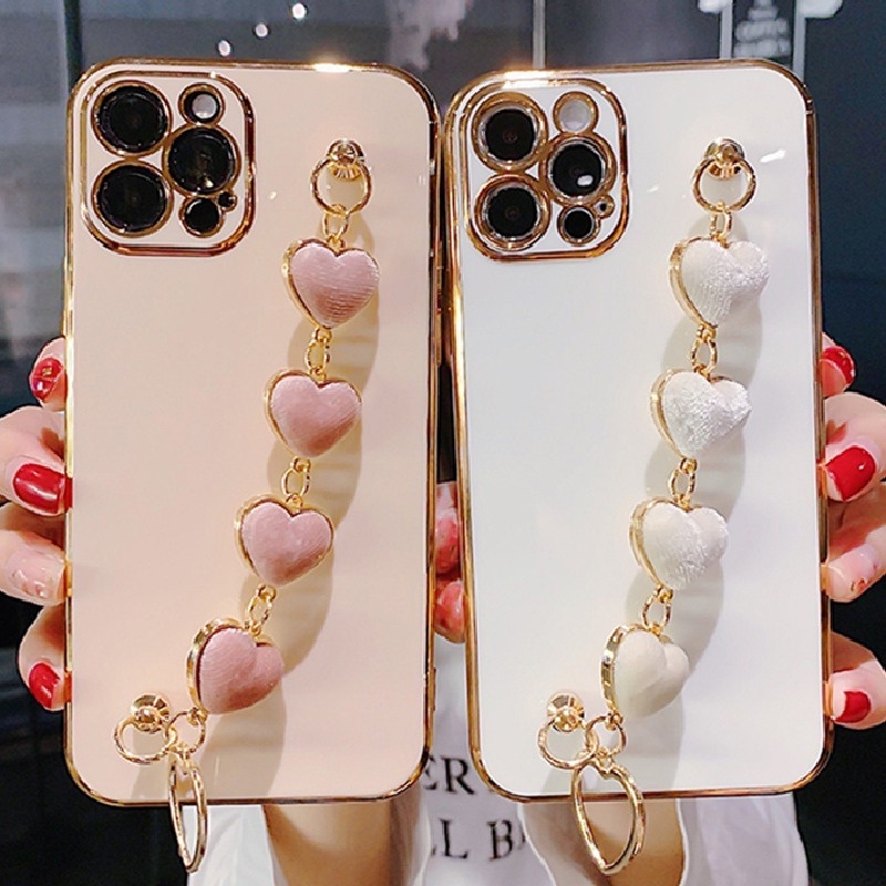 Ốp Điện Thoại Silicon Hình Trái Tim Mạ Viền Sang Trọng Có Dây Đeo Tay Cho iPhone 13 11 Pro Max XR XS 7 8 Plus SE2 12Mini