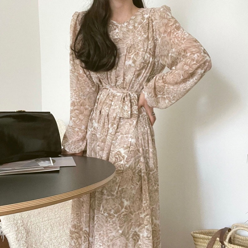 Korean chic spring French retro design printed bubble sleeve waist lace up medium length Chiffon Dress