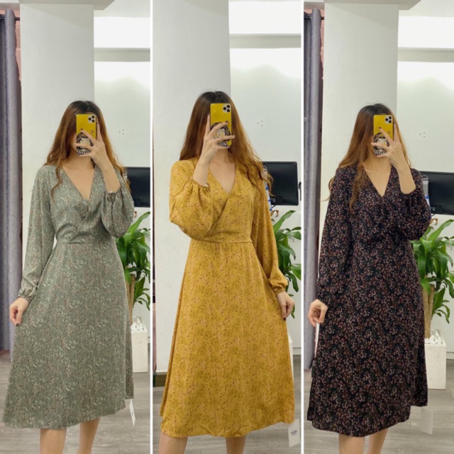 Đầm Snow Dress style hàn xẻng ulzzang đầm hoa nhí from suông dài cổ tay váy bo chun sau lưng có dây cột nơ