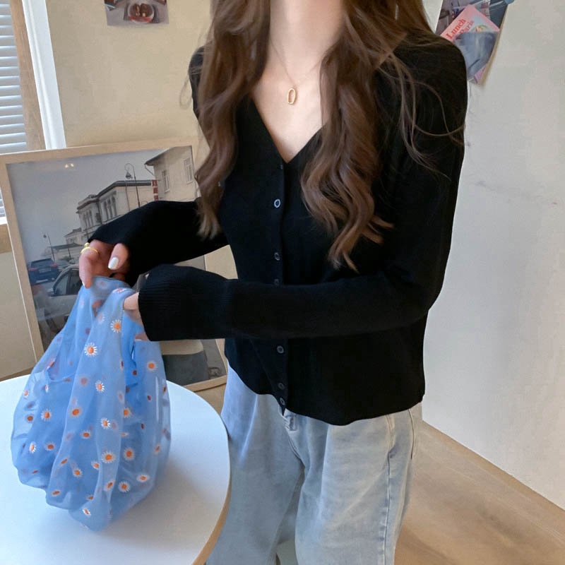 SUXI Áo cardigan đan tay dài cổ chữ V dáng thoải mái phong cách mùa hè